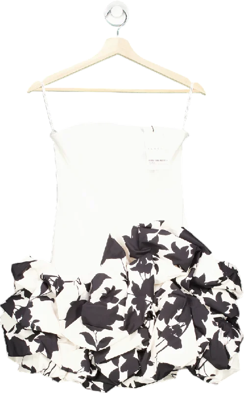 ladies-mini-dress-cotton-crisp-Club L London Cream Floral Print Strapless Ruffle Mini Dress UK 6