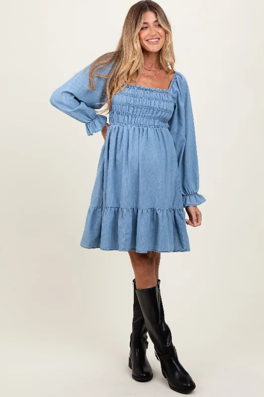 Women's midi dress stripe flair -Light Blue Vintage Wash Chambray Smocked Maternity Midi Dress