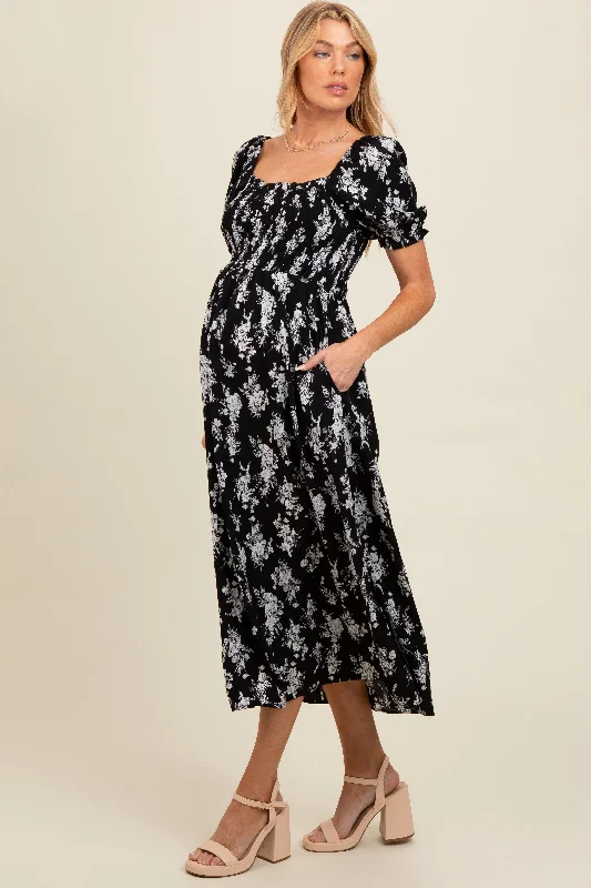 Women's midi dress pure flair -Black Floral Smocked Sweetheart Neckline Maternity Midi Dress