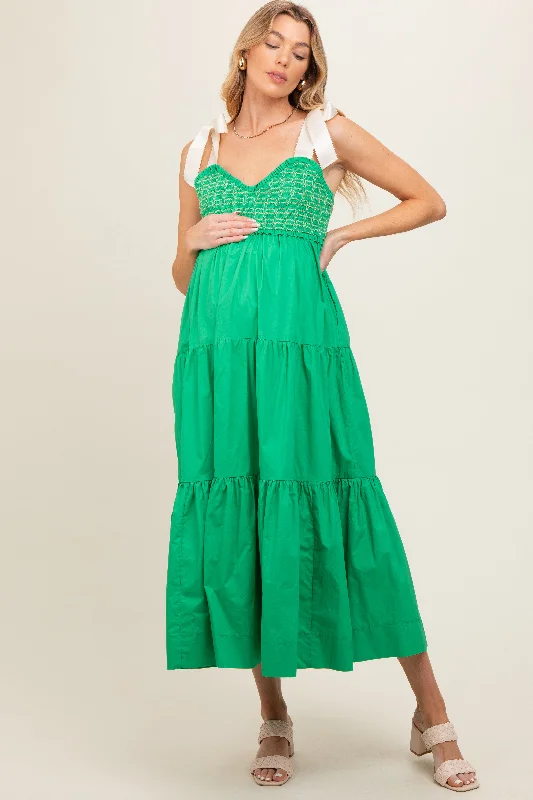 Women's floral dress bell flair -Green Ribbon Strap Tiered Maternity Maxi Dress