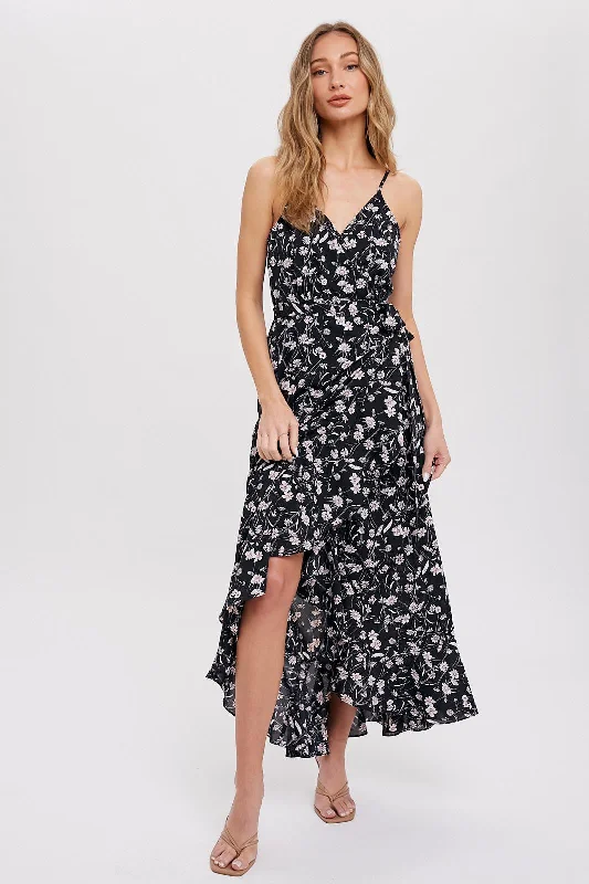 Women's floral dress fall pop -Black Floral Flounce Hi-Lo Wrap Maxi Dress