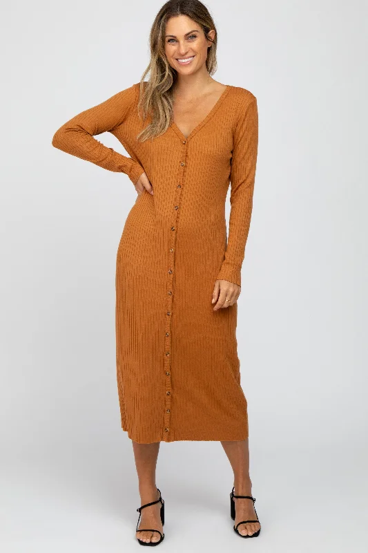 Women's midi dress pure flair -Rust Ribbed Button Front Midi Cardigan Dress