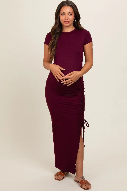 Women's floral dress tiny pop -Burgundy Side Slit Maternity Maxi Dress