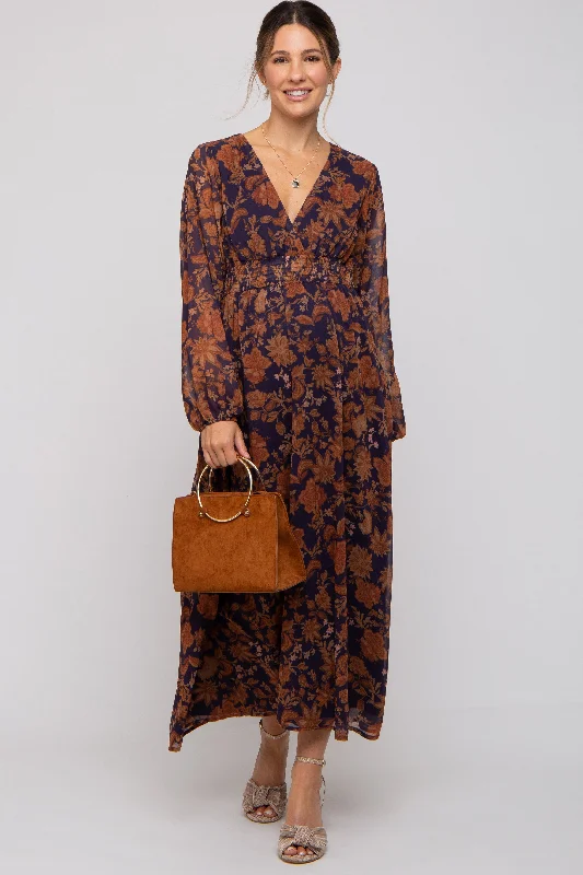 Women's floral dress night glow -Navy Floral Long Sleeve V-Neck Maternity Maxi Dress