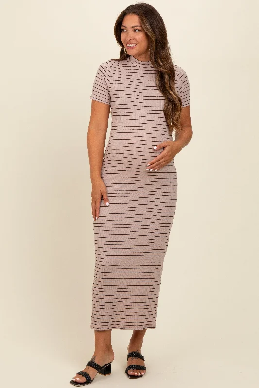 Women's midi dress sun glow -Beige Striped Mock Neck Fitted Maternity Midi Dress