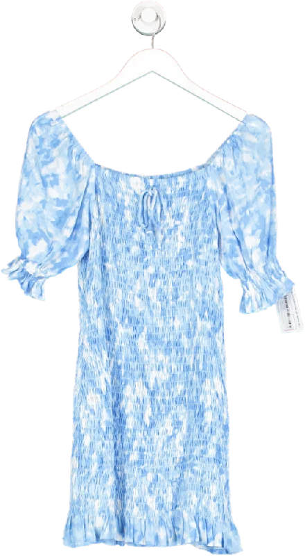 ladies-mini-dress-relaxed-rush-Faithful The Brand Blue Ruched Puff Sleeve Mini Dress UK S