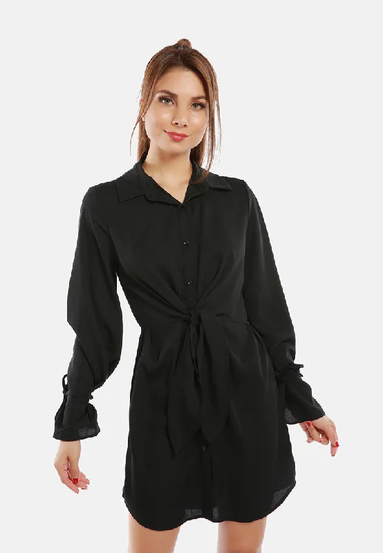 ladies-mini-dress-influencer-itch-Solid Black Cut Out Mini Shirt Dress