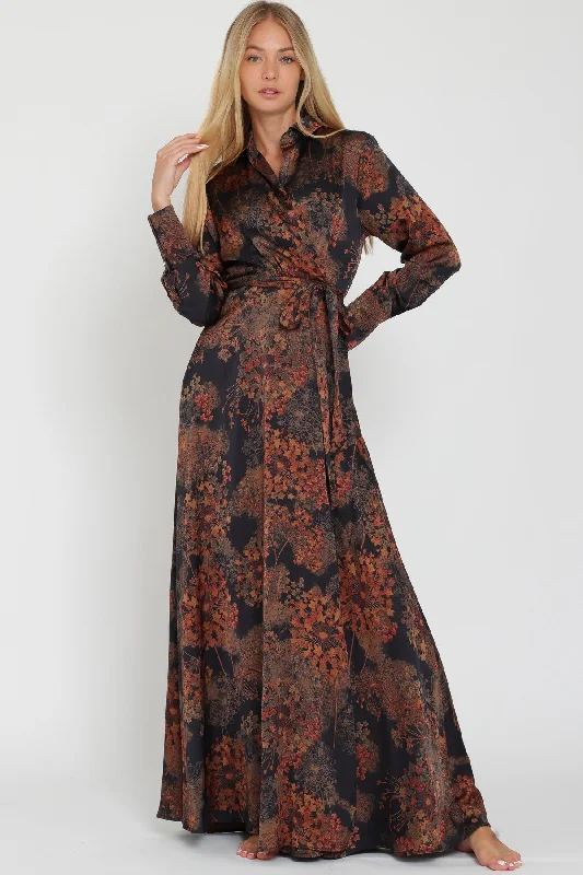 Women's floral dress chat flair -Black Long Sleeve Shirt Collar Wrap Maxi Dress