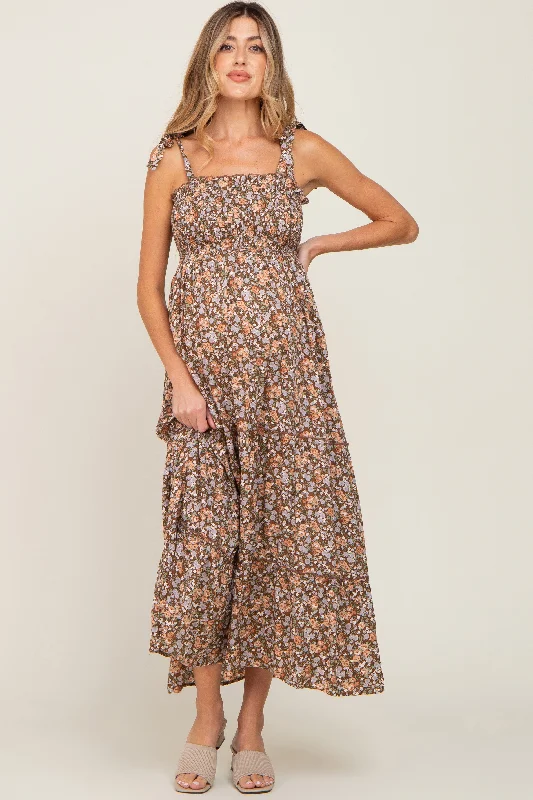 Women's floral dress buzz chic -Camel Floral Sleeveless Tiered Maternity Maxi Dress