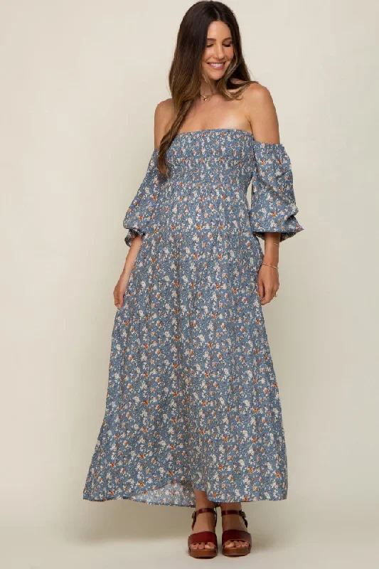 Women's floral dress zest chic -Blue Floral Square Neck Smocked Long Sleeve Maternity Maxi Dress