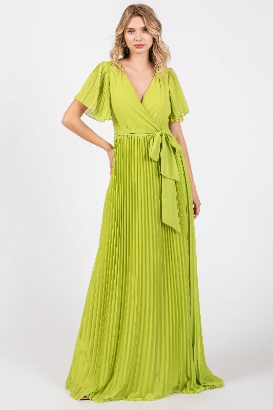 Women's floral dress free flair -Lime Chiffon Wrap Front V-Neck Short Sleeve Pleated Maxi Dress