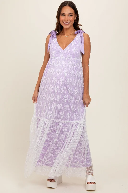 Women's floral dress past flair -Lavender V-Neck Satin Tie Lace Overlay Maternity Maxi Dress