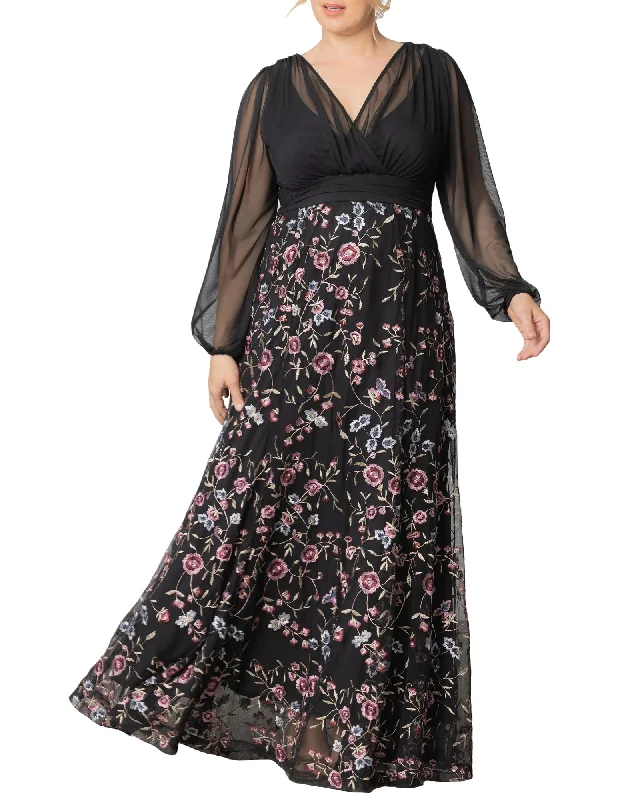 ladies-floral-dress-padded-poise-Isabella Embroidered Floral Mesh Gown | MOONLIT GARDEN