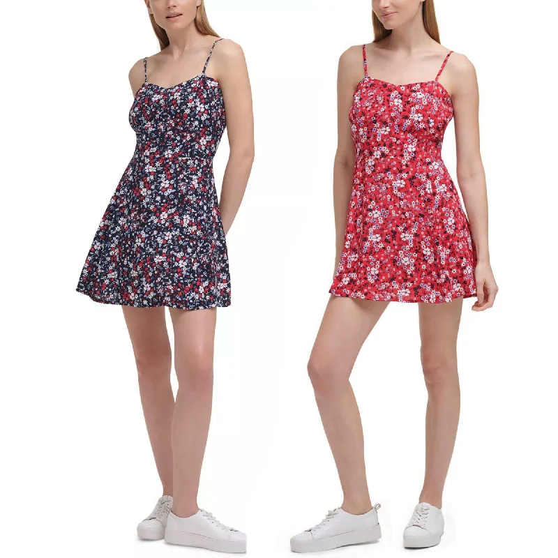 ladies-mini-dress-cocktail-cute-Calvin Klein Jeans Women's Floral Print Adjustable Strap Skater Mini Dress