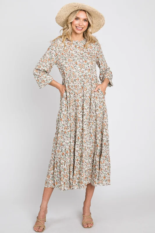 Women's midi dress sip pop -Beige Floral Button Front Long Sleeve Tiered Midi Dress