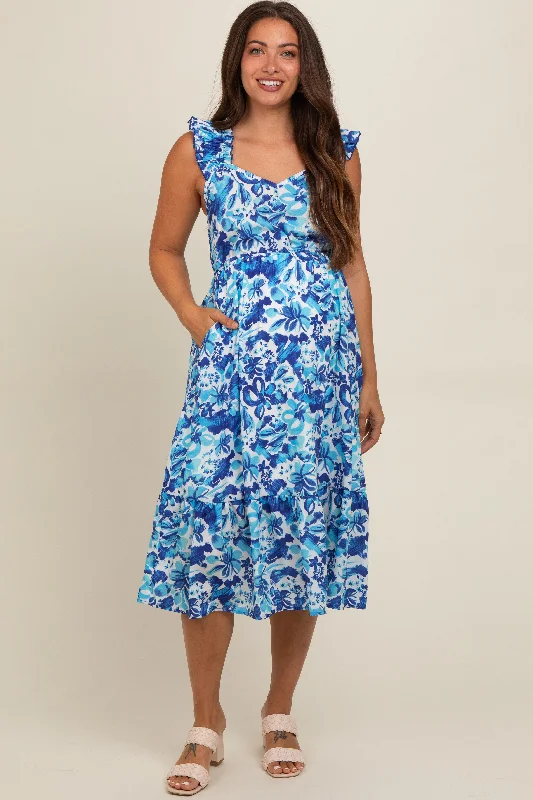 Women's midi dress dine glow -Blue Floral Ruffle Strap Maternity Midi Dress