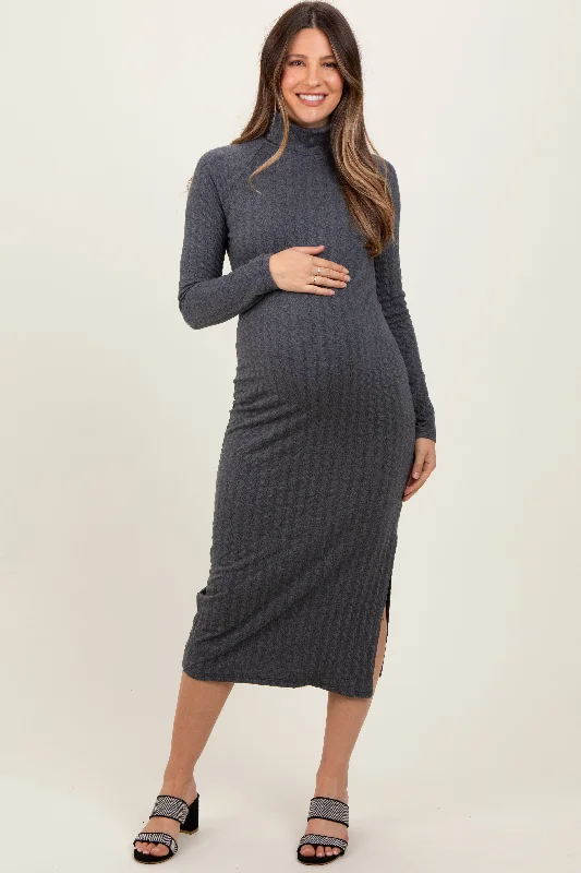 Women's midi dress new flair -Charcoal Cable Knit Turtleneck Maternity Midi Sweater Dress