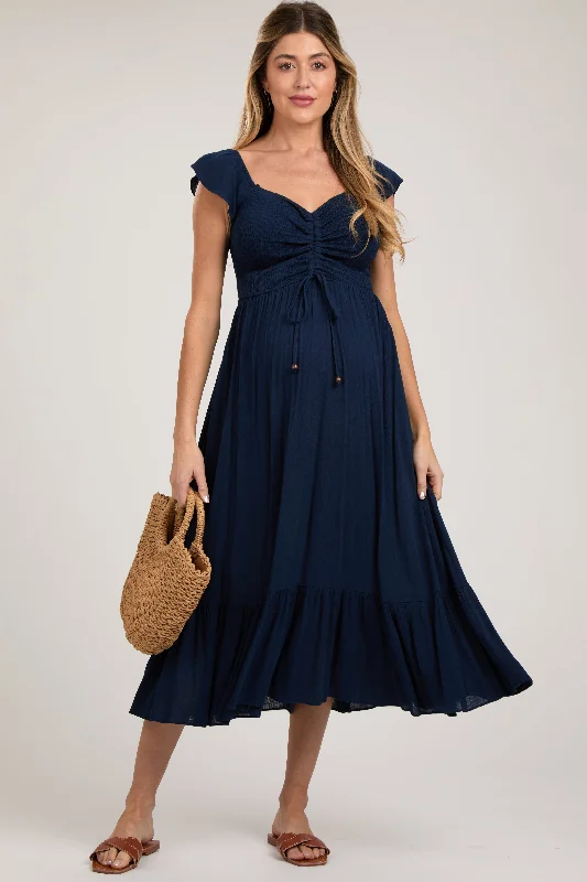 Women's floral dress gem glow -Navy Smocked Ruched Ruffle Hem Maternity Maxi Dress