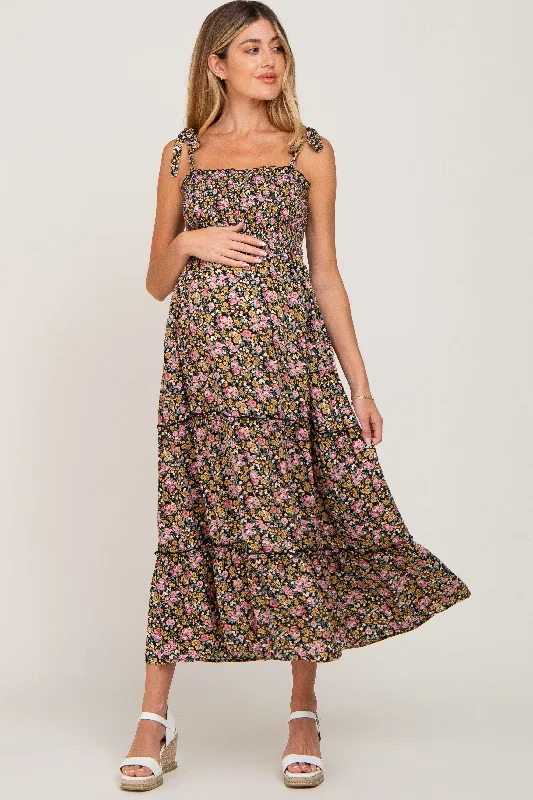 Women's floral dress wild glow -Black Multi-Color Floral Sleeveless Tiered Maternity Maxi Dress