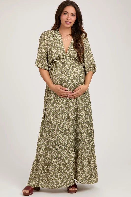 Women's floral dress dip chic -Olive Deep V-Neck Short Puff Sleeve Ruffle Maternity Maxi Dress