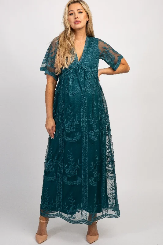 Women's floral dress dusk chic -Dark Turquoise Lace Mesh Overlay Maternity Maxi Dress