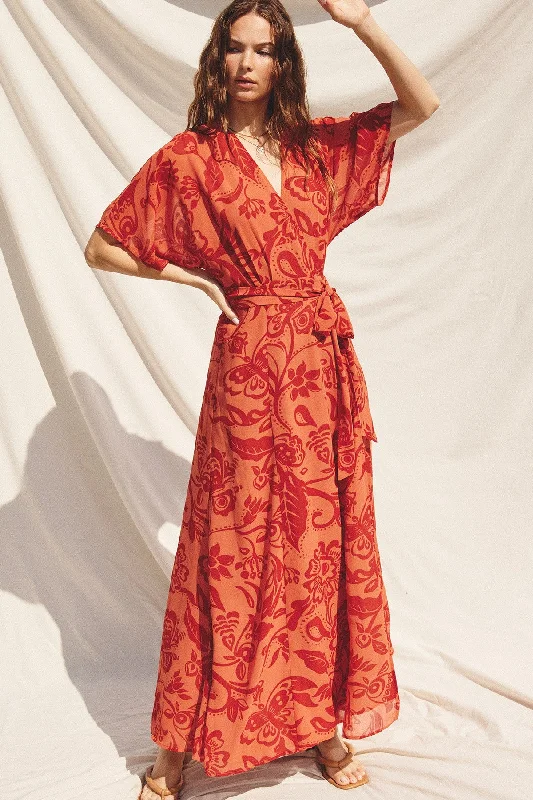 Women's floral dress mist pop -Orange Wrap Maxi Dress