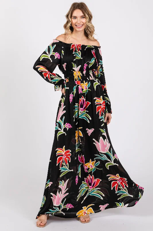 Women's floral dress dawn chic -Black Floral Ruffle Neck Maxi Dress