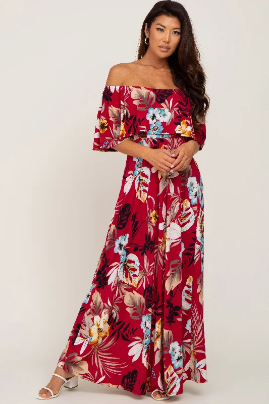 Women's floral dress green pop -Burgundy Floral Flounce Off Shoulder Maxi Dress