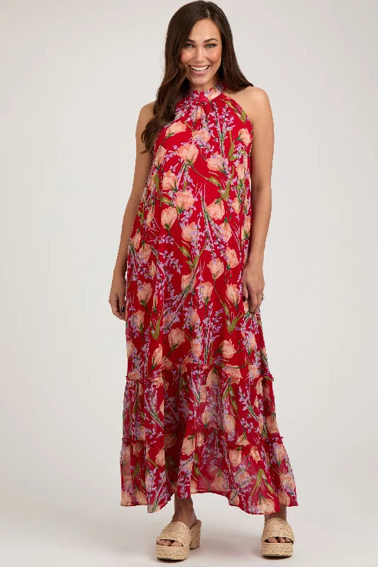 Women's floral dress clear flair -Red Floral Halter Maternity Maxi Dress