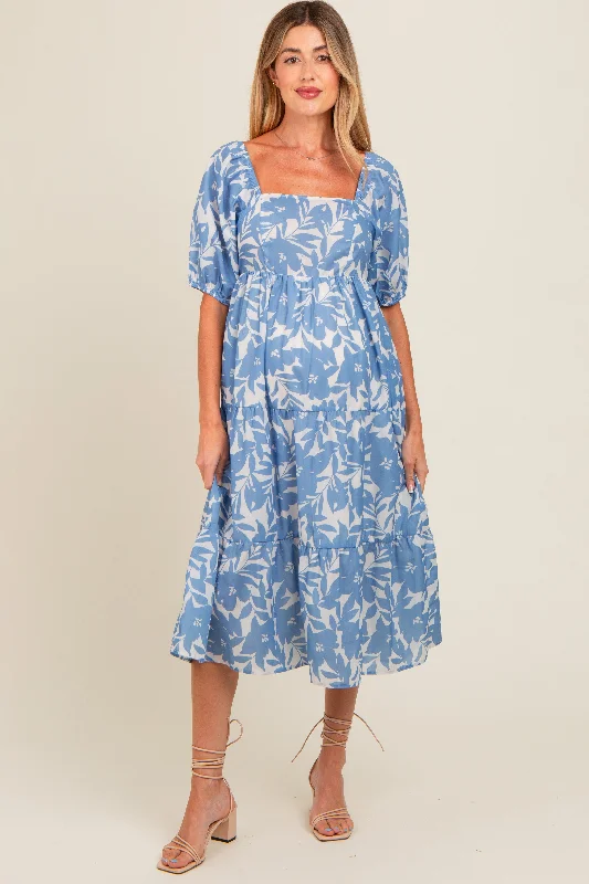 Women's midi dress heart chic -Blue White Floral Maternity Midi Dress