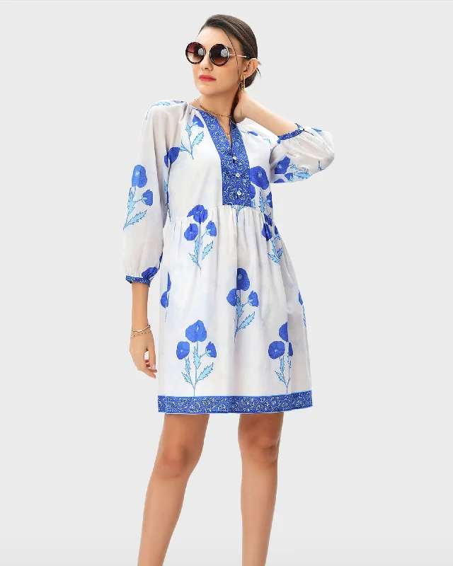 ladies-floral-dress-cold-shoulder-cherry-Floral Print Cotton Voile Tunic Dress | Blue