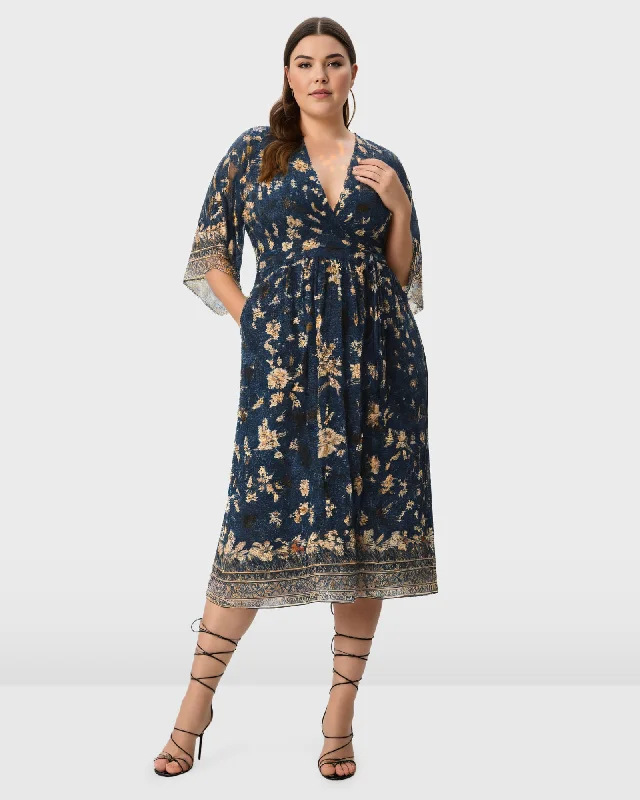 ladies-floral-dress-ecru-essence-Plunge Floral Print Georgette Dress | Navy