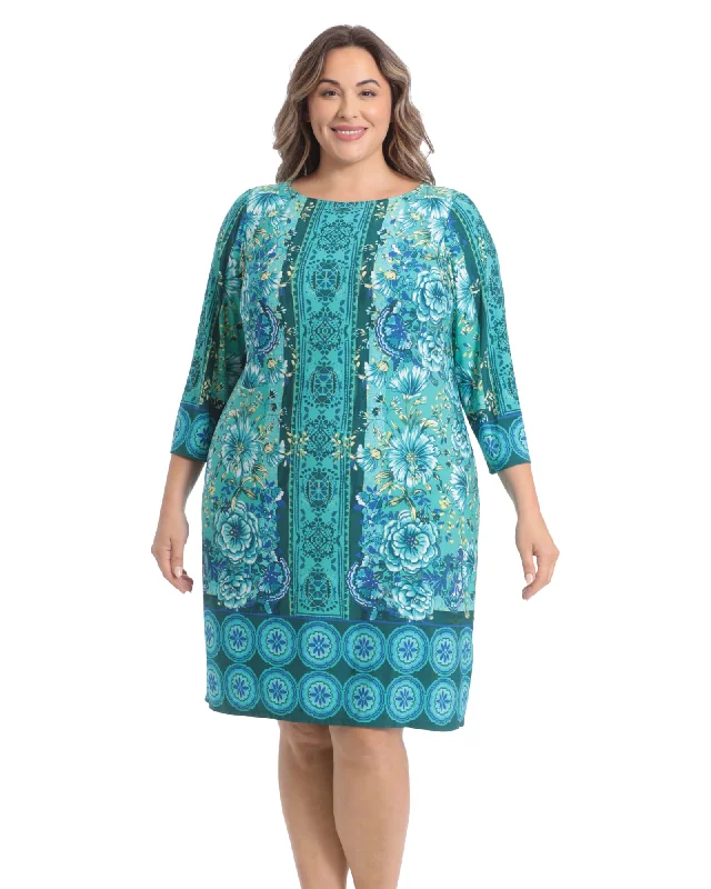 ladies-floral-dress-maroon-muse-Floral 3/4 sleeve shift dress | Teal/Blue