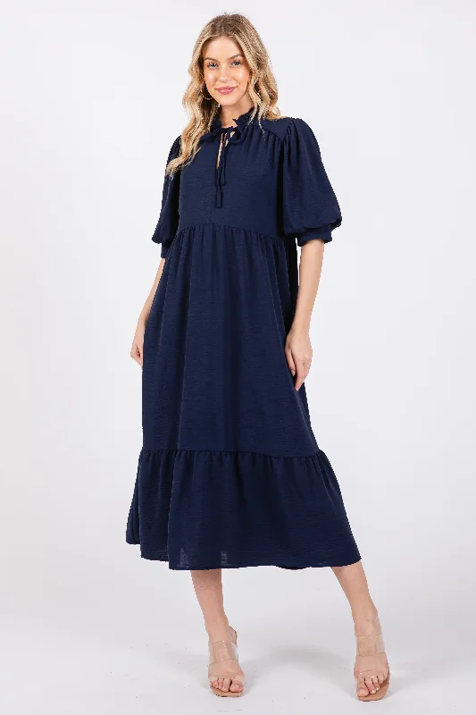 Women's midi dress eve pop -Navy Balloon Sleeve Split Neck Midi Dress