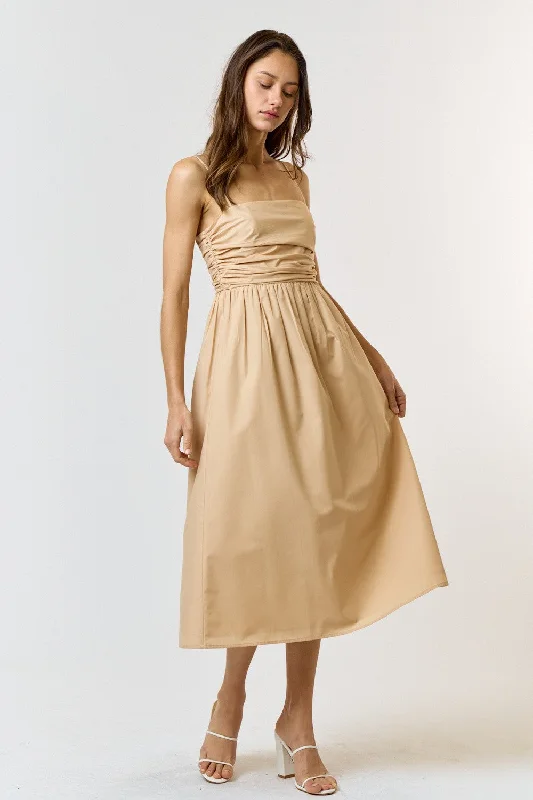 Women's midi dress gentle chic -Beige Ruched Midi Dress