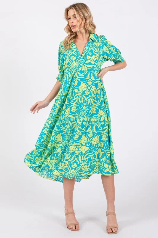 Women's midi dress bloom glow -Turquoise Floral V-Neck Tiered Midi Dress