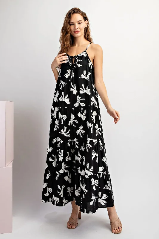 Women's floral dress web glow -Black Bow Print Halter Front Tie Tiered Maxi Dress