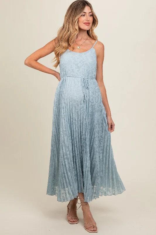 Women's floral dress spry pop -Light Blue Floral Pleated Maternity Maxi Dress