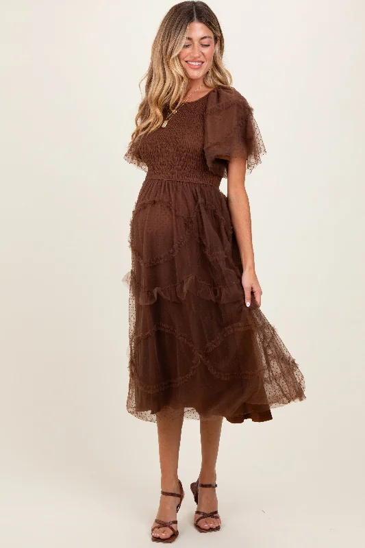 Women's midi dress egg glow -Mocha Smocked Ruffled Mesh Maternity Midi Dress