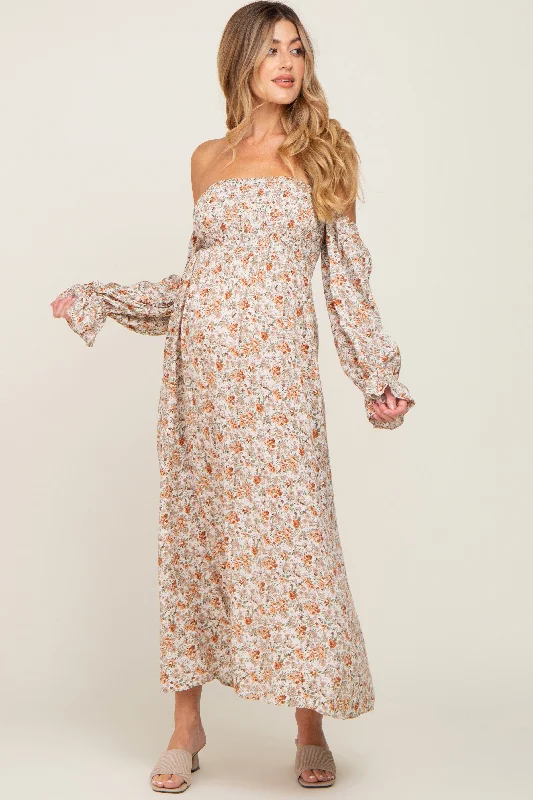 Women's floral dress lone flair -Taupe Floral Off Shoulder Long Sleeve Maternity Maxi Dress