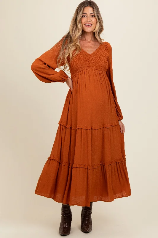 Women's midi dress loose pop -Camel Smocked Tiered Maternity Midi Dress