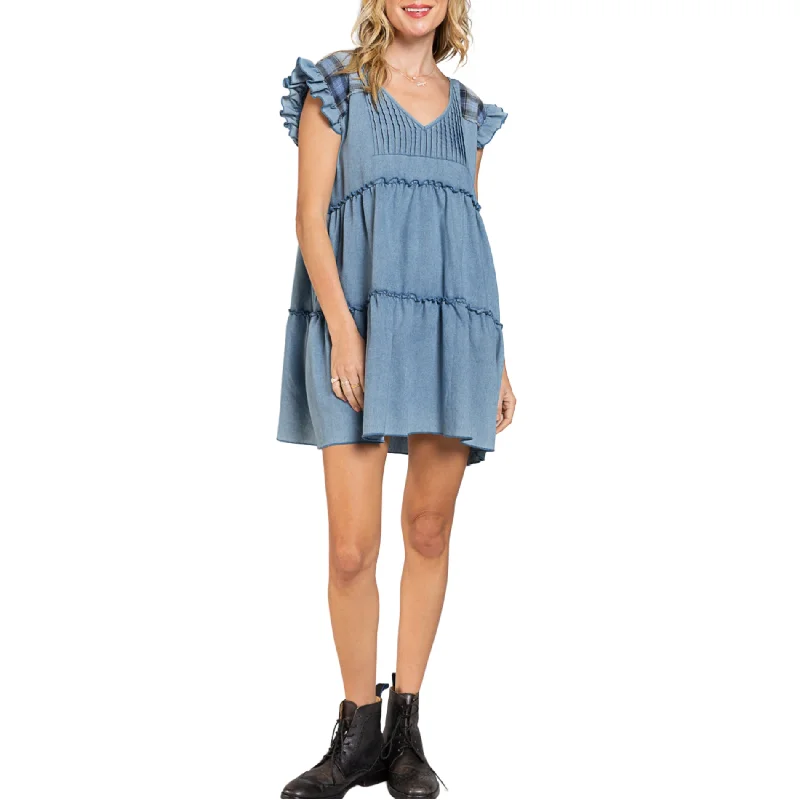 ladies-mini-dress-cotton-crisp-POL Women's Denim Raffle Sleeve Tired Mini Dress