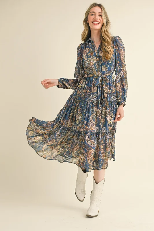 Women's midi dress peach glow -Denim Blue Paisley Print Button Down Midi Dress