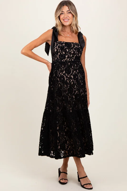 Women's floral dress grid flair -Black Velvet Lace Shoulder Bow Maternity Maxi Dress