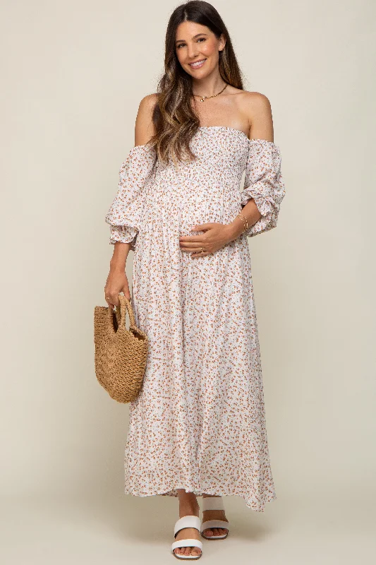 Women's floral dress low flair -Cream Floral Square Neck Smocked Long Sleeve Maternity Maxi Dress