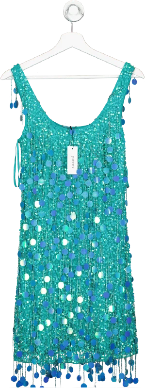 ladies-mini-dress-stretchy-skip-Coast Green Embellished Tassel Sequin Mini Dress UK 8