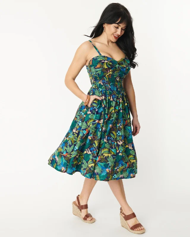 ladies-floral-dress-vacation-vine-Unique Vintage Navy Jungle Print Shimmy & Shake Swing Dress | Blue, Green, Floral