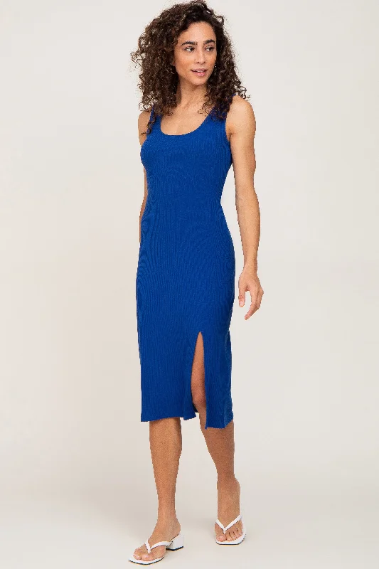 Women's midi dress calf pop -Royal Blue Ribbed Back Cutout Midi Dress