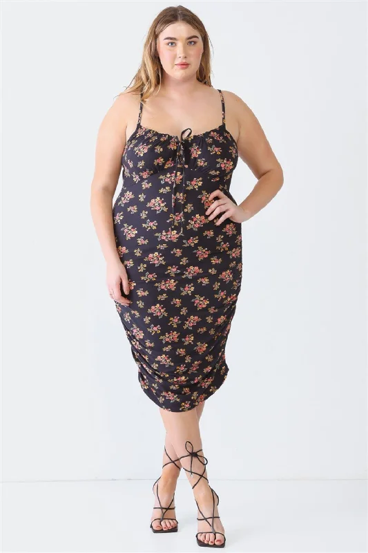 ladies-floral-dress-cap-sleeve-cosmos-Blue Leopard Plus Size Ruched Floral Square Neck Cami Dress