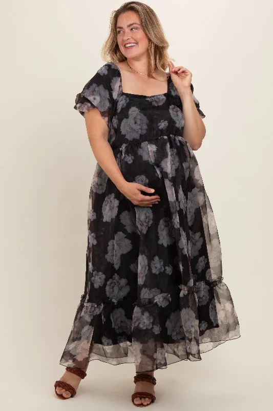 Women's midi dress petal glow -Black Floral Organza Square Neck Maternity Plus Midi Dress